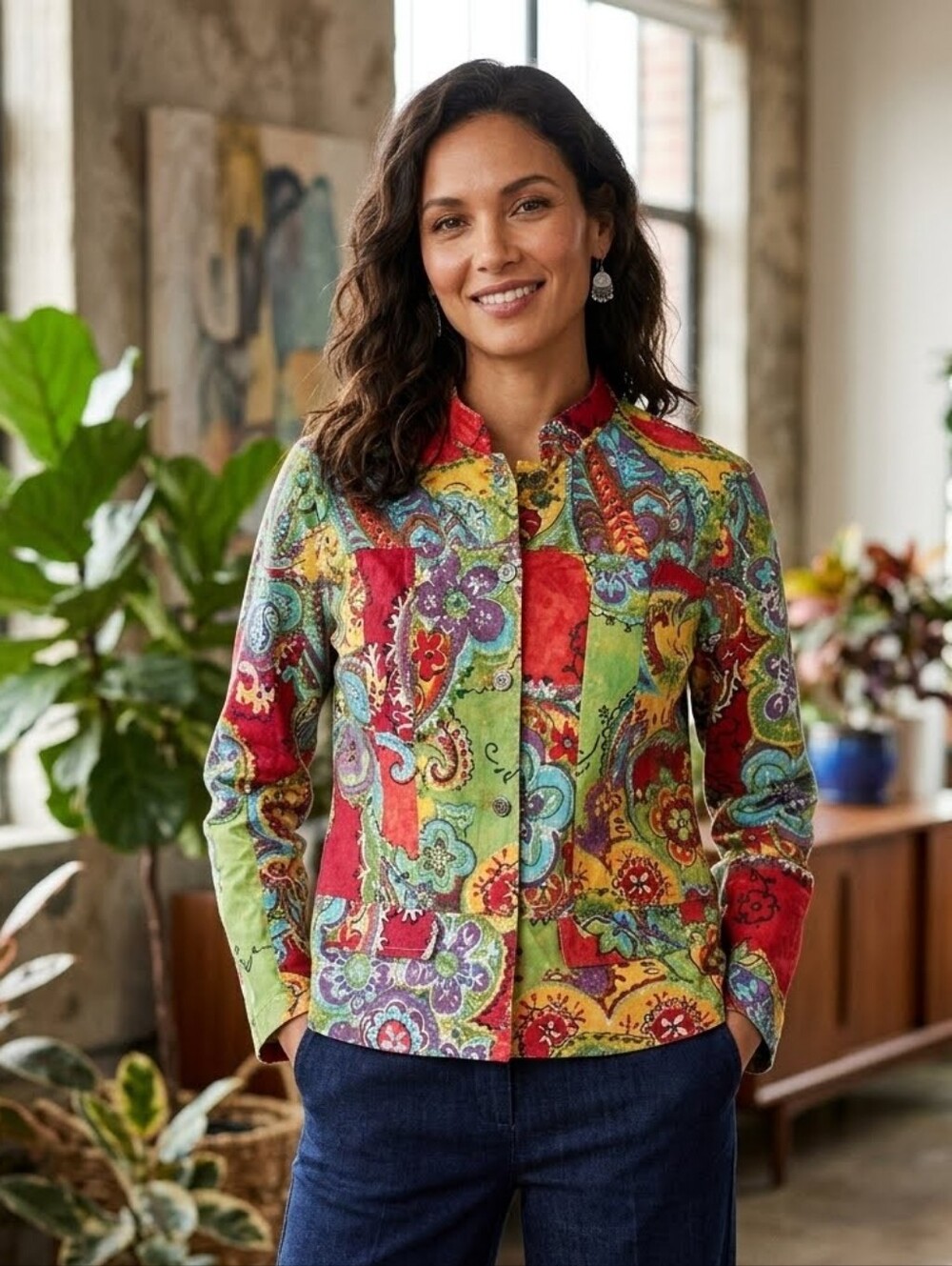 Chico's Size 2 Paisley Print Jacket Lightweight Cotton Blend Stand Collar  Large